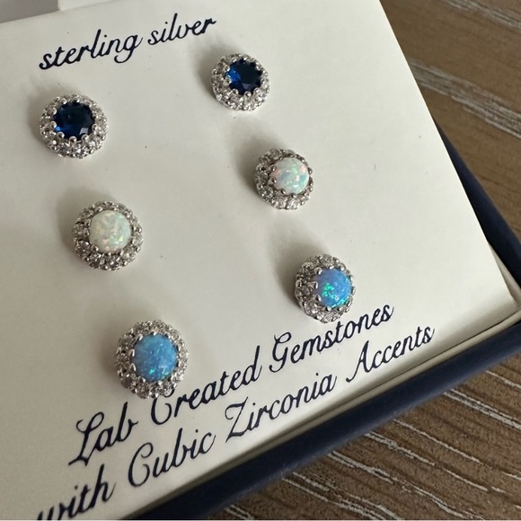 STERLING SILVER GEMSTONES CUBIC ZIRCONIA SET OF 3 PAIRS EARRINGS NWT $100 SET - Picture 8 of 8